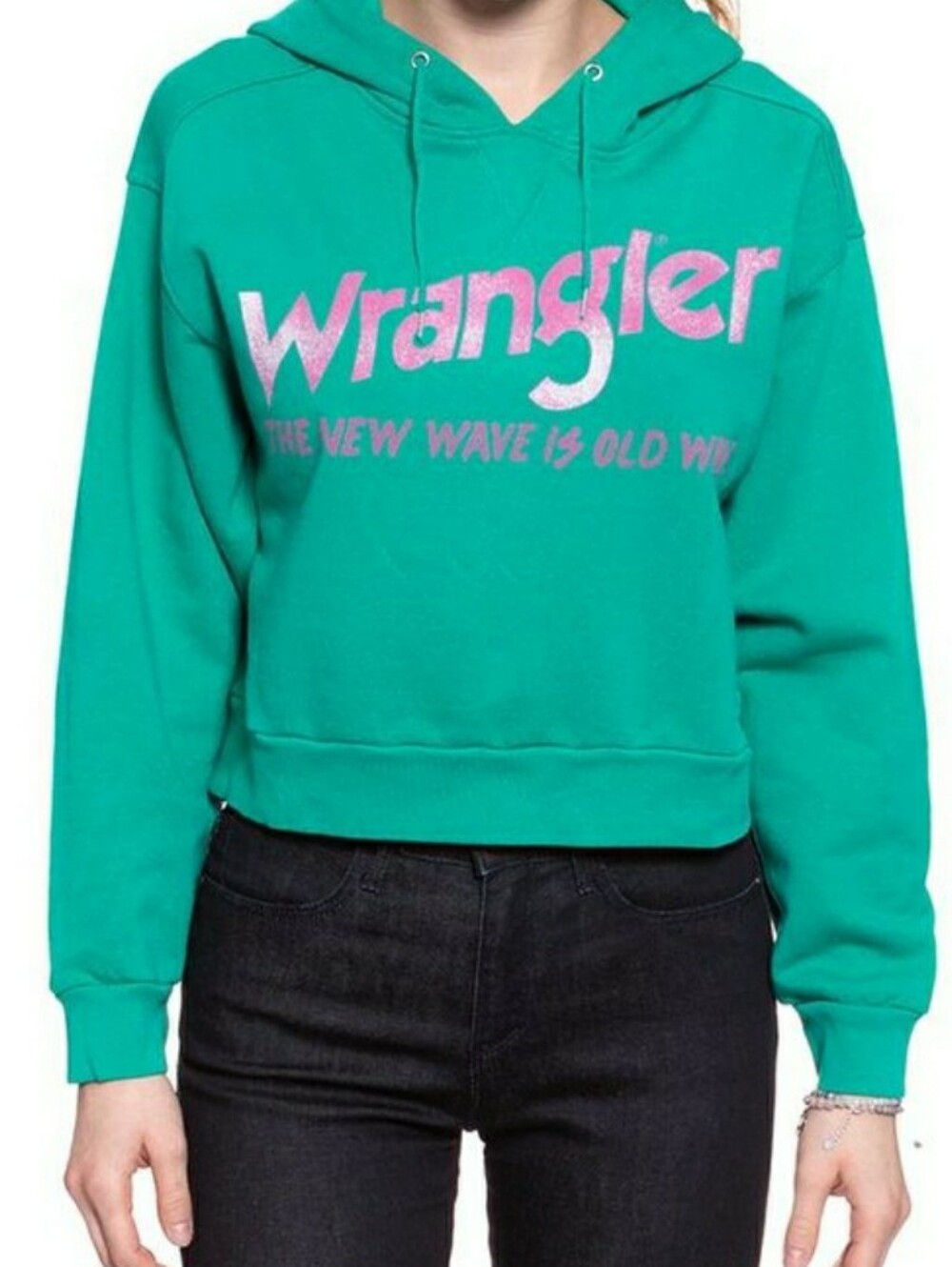 Wrangler Women's Teal Crop Hoodie Pink Logo Old New Wave